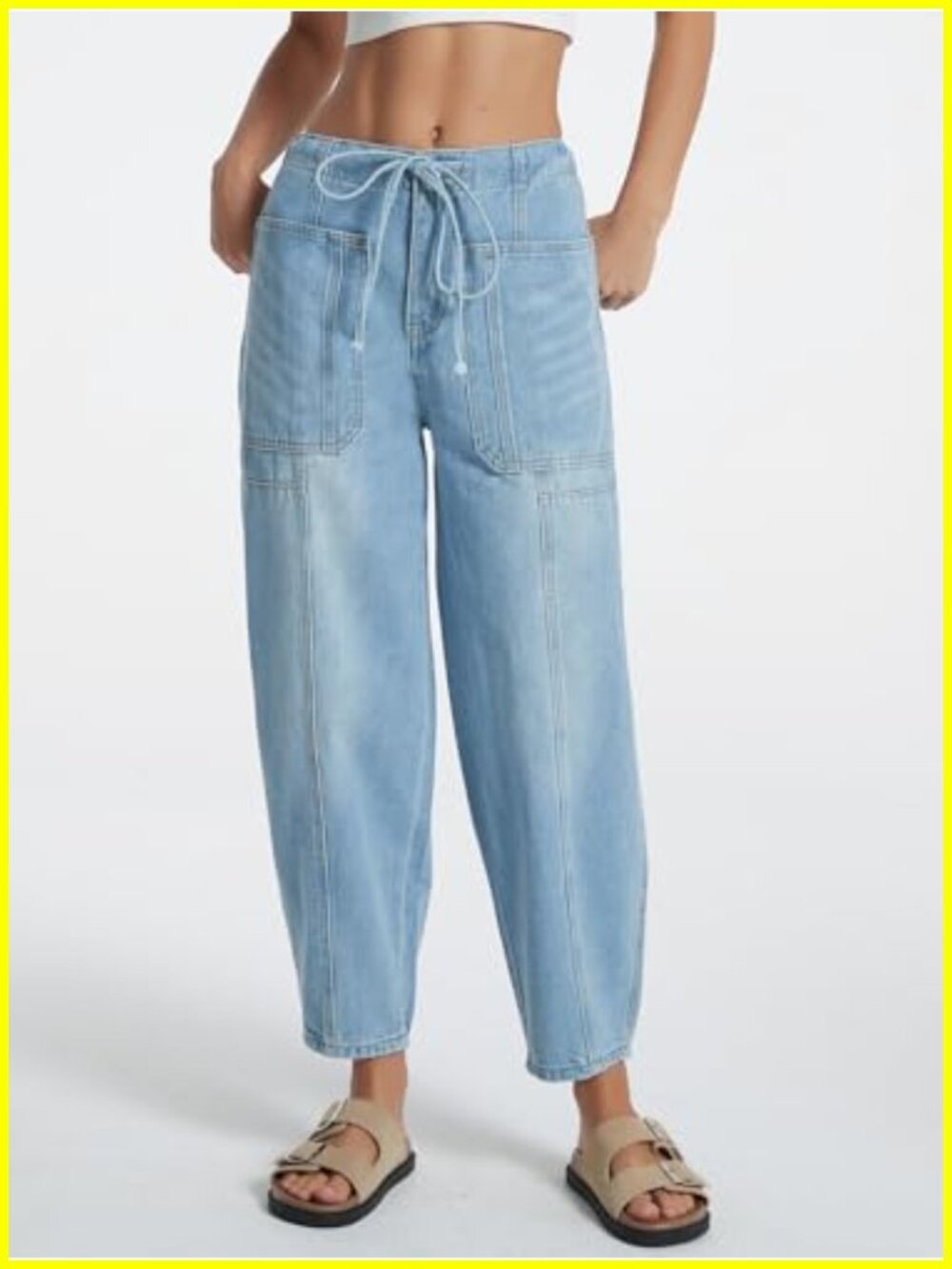 Baggy Wide Leg Barrel Jeans Women Mid Rise Drawstring Elastic Waist Denim - Picture 2 of 6